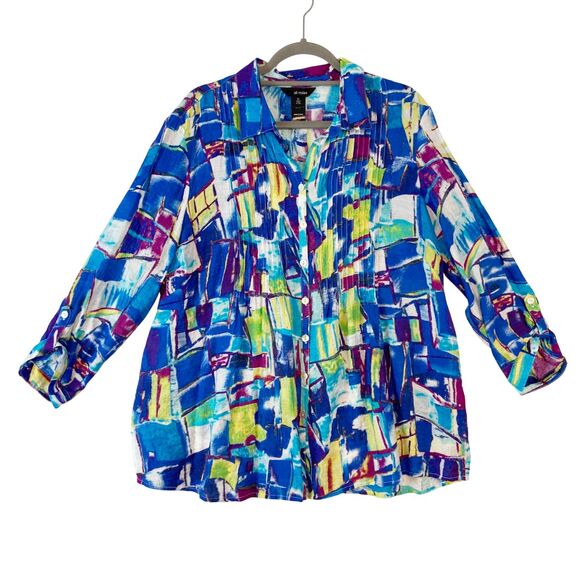 Ali Miles Tops - Ali Miles Button Up Top Women's Sz XL Colorful Abstract Artsy‎ Pintuck Geometric